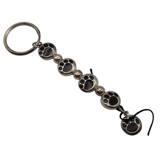 Silver Hanging Pet Lover Dog Cat Paw Prints Looped Keychain Accessory 5" - Picture 1 of 11